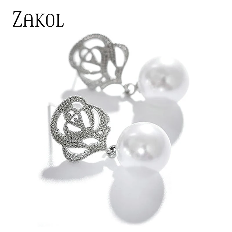 ZAKOL Fashion Flower Simulated Pearl Wedding Earrings Zircon Jewelry for Women Bride Boucles D'oreilles Bijoux FSEP2535 | Украшения и