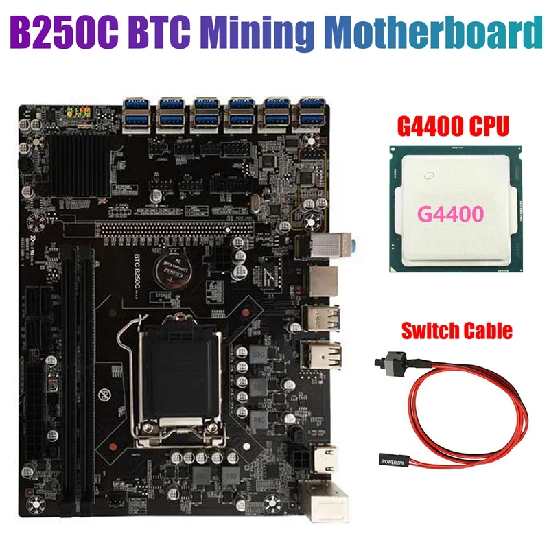 

B250C BTC Mining Motherboard with G4400 CPU+Switch Cable LGA1151 12XPCIE to USB3.0 Graphics Card Slot Supports DDR4 RAM