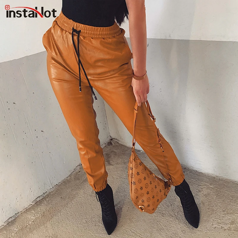 InstaHot штаны-шаровары из искусственной кожи с эластичным шнурком на талии, зауженные брюки с морковкой, повседневные штаны для улицы, женские свободные винтажные штаны