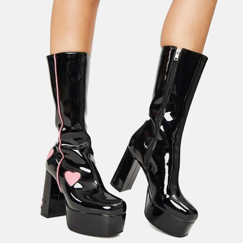 

BONJOMARISA 2021 Brand New Round Toe Zipper Heart Print Trendy Mid Calf Boots high-Heeled Punk Party Dress Gothic Autumn Shoes