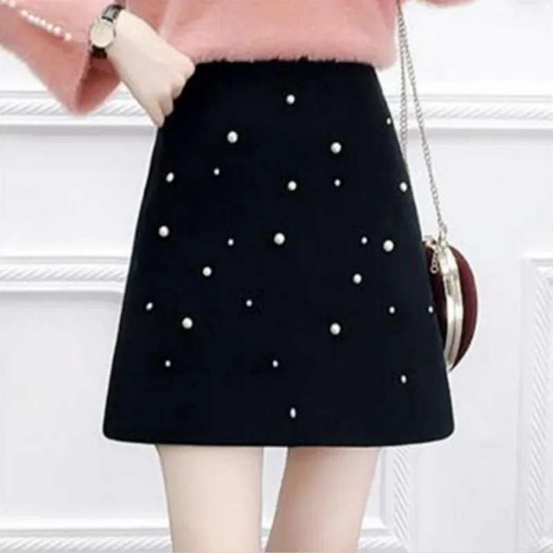 

2021 Graceful Beaded High Waist Skirt Women's New Style for Autumn and Winter Woolen Skirt Slimming Was Thin A Line Skirt Y372