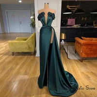 dark green satin mermaid strapless evening dresses sexy high split deep v neck ruffle crystal prom gown party dress vestidos