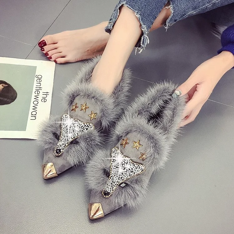

New Fox head Rhinestone wool shoes in autumn and winter 2019 women's flat bottomed pointed shallow mouth single shoes women's