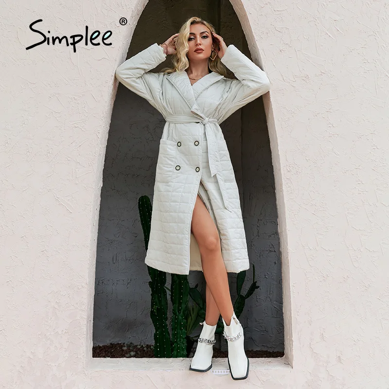 

2021Simplee Office lace up loose women winter parka solid Casual lapel pocket ladies long coat Basic light female puffer jacket
