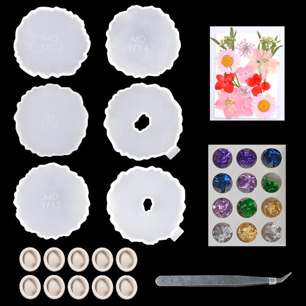 20 PCS Coaster Molde Silicona Set Cup Mat Tray Moule Silicone Resine Epoxy With Dried Flowers Tweezers Gold Foils UV Resin Kit