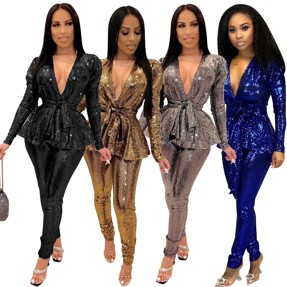 2020 Winter Women Sets Hot Stamping Tracksuits Full Sleeve Sashes Tops+Pants Suit Two Piece Set Night Club Party Outfits GL6332 |