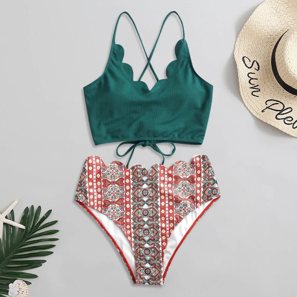 Комплект бикини с лифом бандо и зубчатым топом высокой талией в винтажном стиле