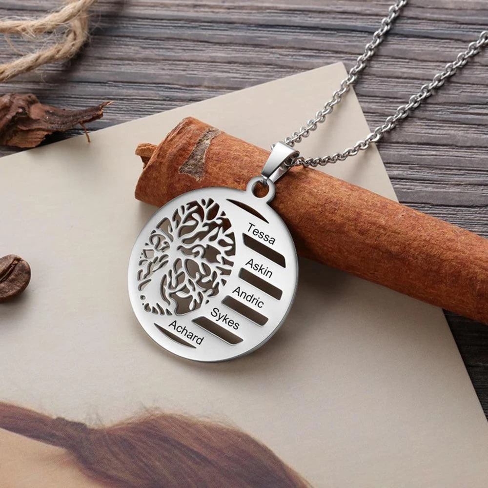 Tree of Life Family  Carved Name Stainless Steel Chain Custom Necklace Personalized Jewelry Grandmother Gift