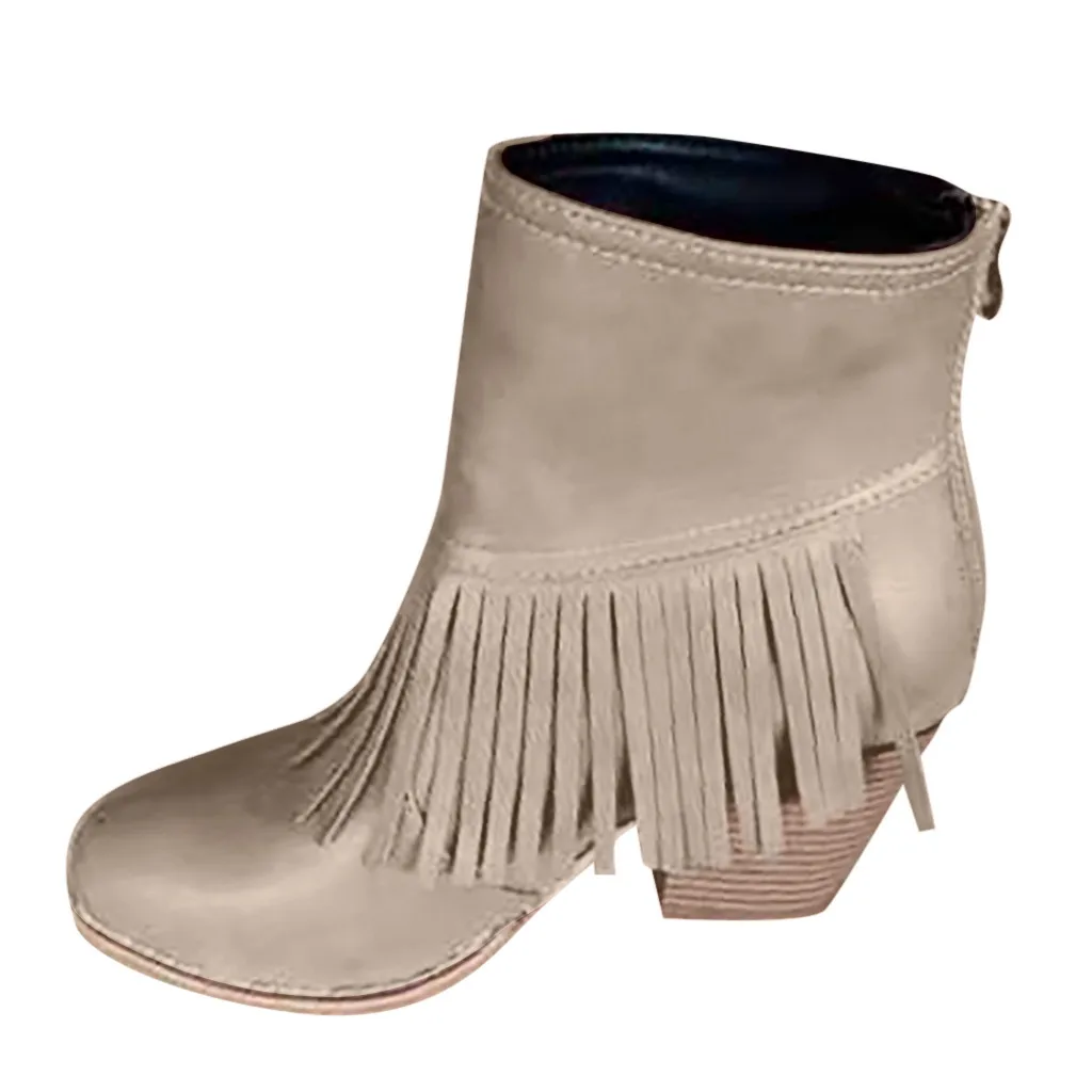 Womens tassel Winter Boots Leather Wedges Round Toe Keep Warm Zipper Thick Heel Comfortable Shoe woman Ankle botas mujer | Обувь