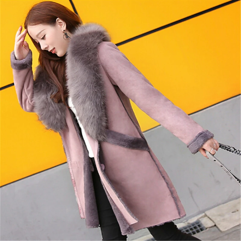 Women Winter Faux Fur Liner Suede Long Coat Jacket Female Faux Pink Leather Outwear Fleece Long Parkas Ladies Warm Overcoat