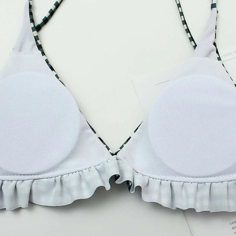 

Bikini 2021 Women Swimsuit Push Up Ruffle Swimwear Bikini Set Fashion Plaid Lace Up Backless Female Biquini High Waist WBI26