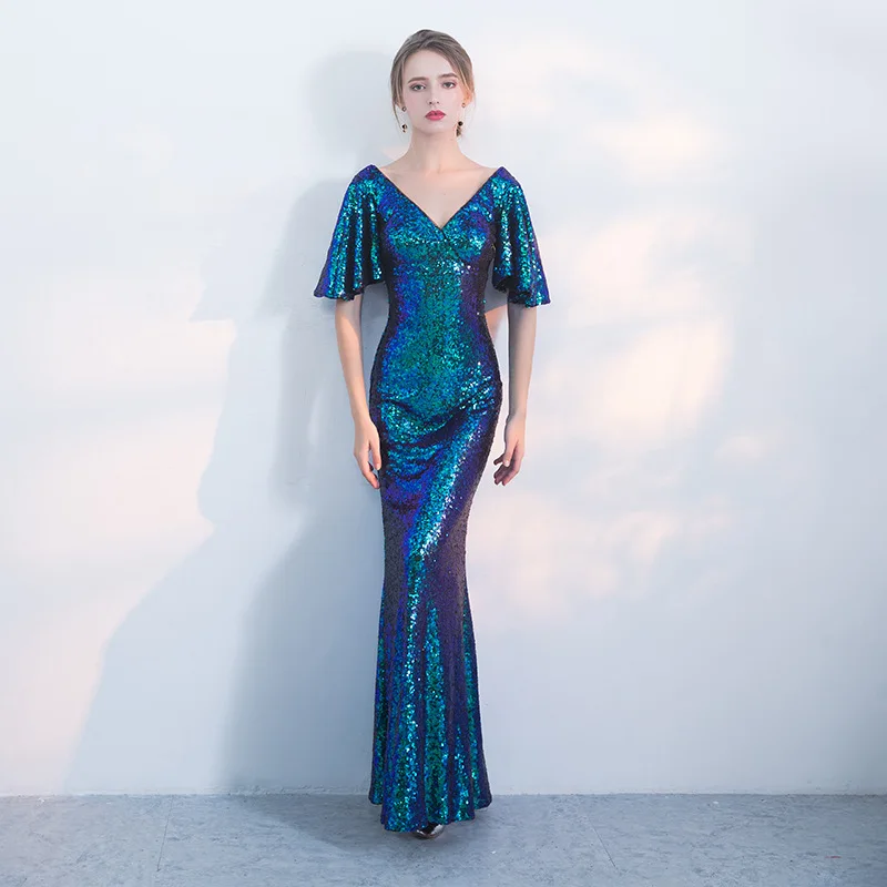 Женское вечернее платье русалка Длинное Элегантное блестящее с V образным