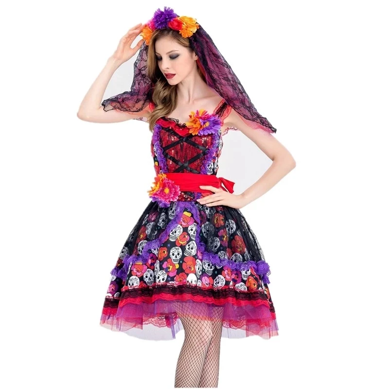 Женский костюм на Хэллоуин мексиканского дня мертвецов ужасов зомби черепа