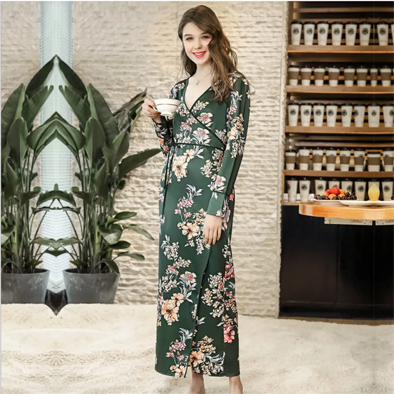 

Женская атласная пижама с цветочным принтом, длинным рукавом и V-образным вырезом