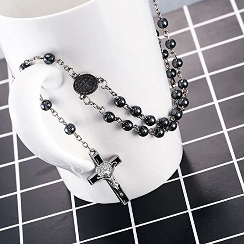 

2 pcs Religion 6mm non-magnetic black gall stone round beads curved needle necklace crucifix pendant black oil given as a gifts