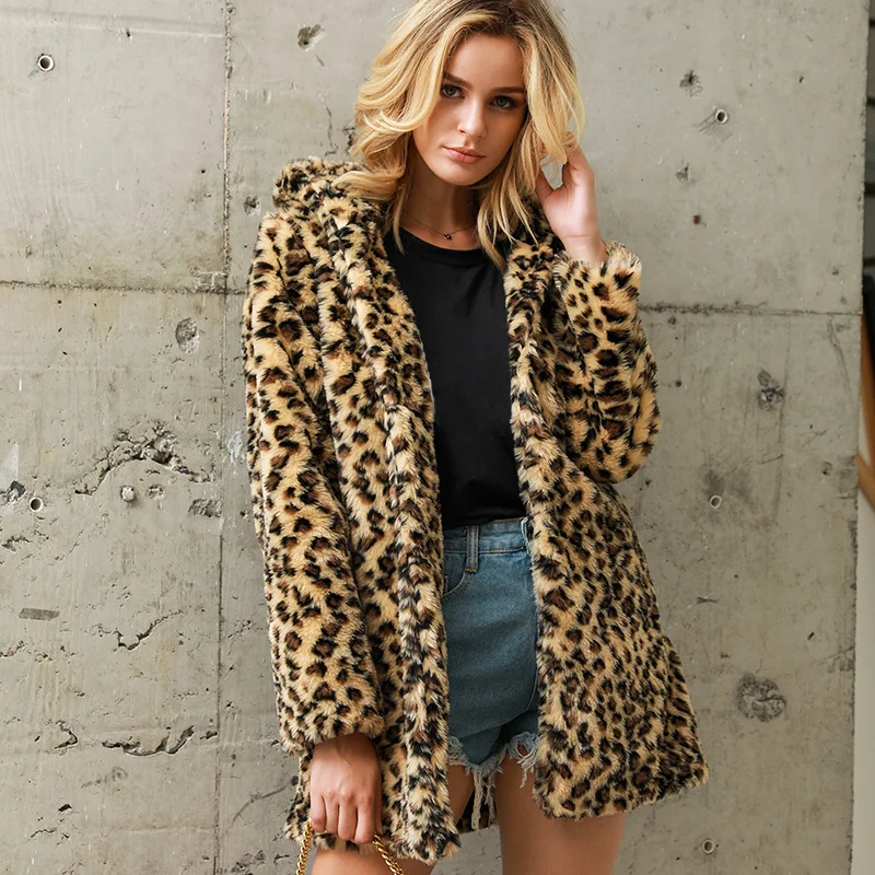 

Women Winter Warm Faux Fur Jacket Coats Leopard Jacket Thicken Windbreaker Female Hooded Large Size Loose Outerwear