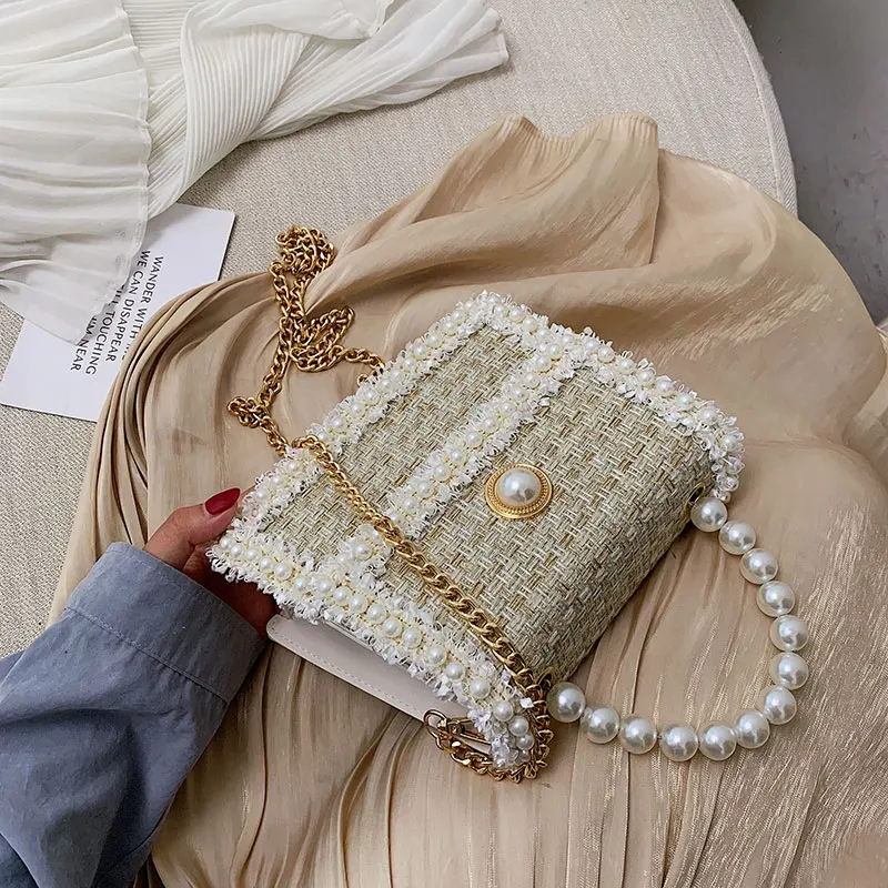 

Elegant Female Pearl Tote bag 2021 Fashion New High Quality Woolen Women's Designer Handbag Chain Shoulder Messenger Bag Purses