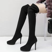 women genuine leather high heel over the knee high boots female winter stretchy velvet pointed toe platform pumps casual shoes