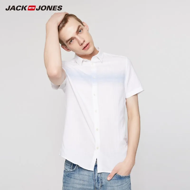 Мужская Базовая рубашка в полоску с коротким рукавом JackJones из хлопка и льна | 219204522