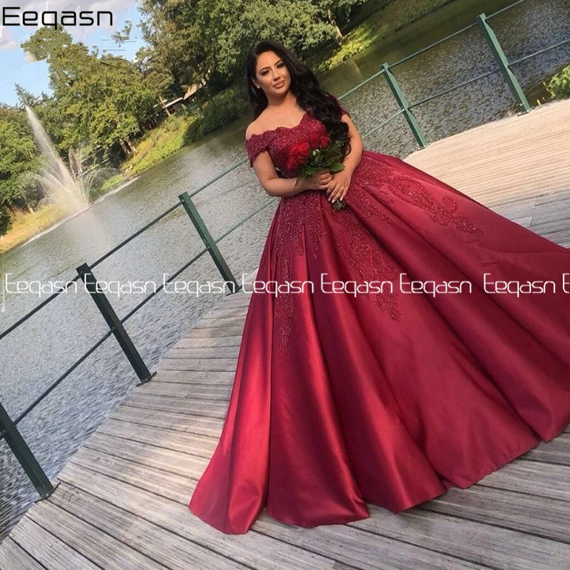 

Eeqasn Elegant 2020 Off Shoulder Prom dresses Burgundy Vestidos de fiesta dress for graduation Formal Evening Prom Dresses