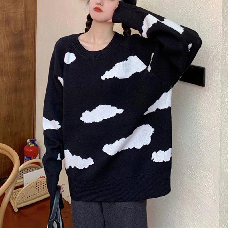 

Корейский шикарный женский Свитер оверсайз мультяшный облачный вязаный пуловер топы милая Осенняя женская повседневная черная кофта с кру...