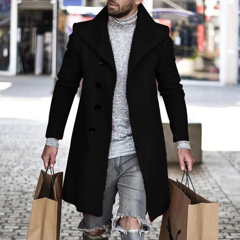 

Autumn Winter Mens Wool Coat Solid Long Sleeve Woolen Jackets Fleece Men Overcoat Streetwear Fashion Long Trench Coat Outerwear