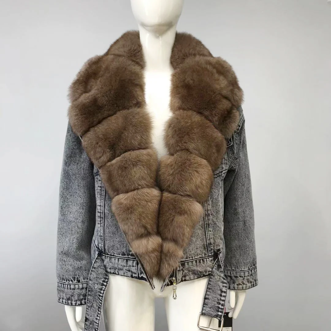 Fashion Real Fox Fur Coat Women Natural Winter High Quality Denim Jacket With Big Fox Fur Collar Luxury Fur Overcoats Woman 2022