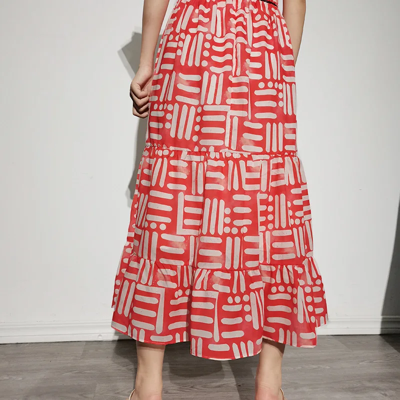 

Fashion Casual Printing Dress for Women 2021 Summer New Ruffled Stand Collar Short Sleeve Dress High-waist Slimming Midi Dress