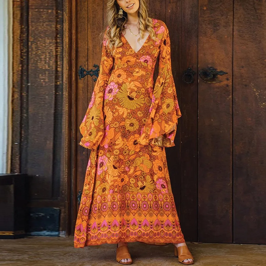 Элегантное женское платье винтажное макси с v образным вырезом длинные платья