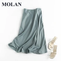 molna elegant women pleated solid new skirt casual england office lady satin high waist simple long skirt female new skirt