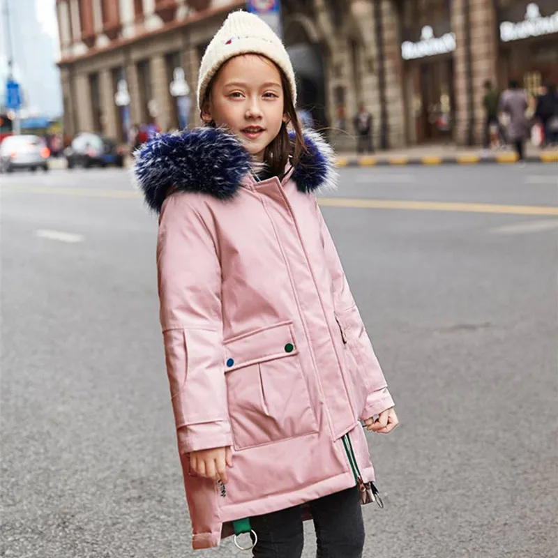pink colour 30 градусов, Детский пуховик г. Новая парка теплый зимний комбинезон с натуральным мехом, зимнее длинное пальто для детей, одежда для девочек Рождественская одежда - Цвет: pink colour