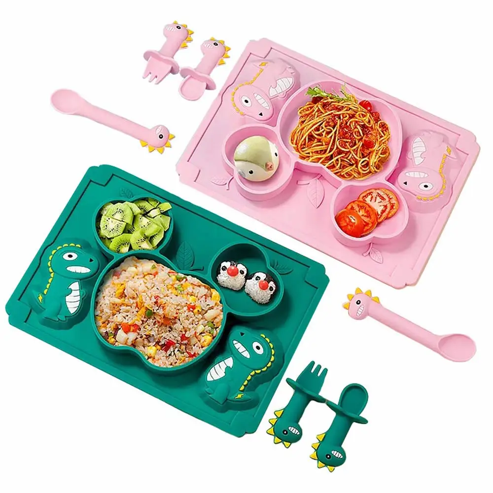 

Children's Tableware Compartment Suction Cup Plate Dispensing Baby Dishes Anti-slip Silicone Bowl Divided Feeding Spoon and Fork