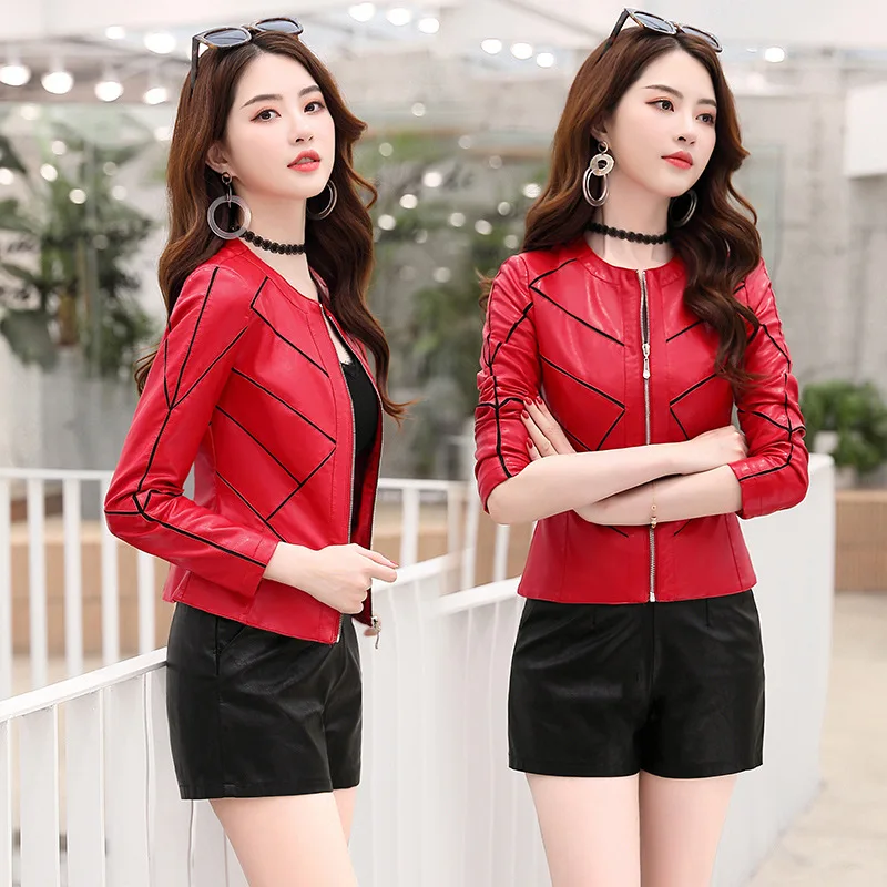 

2019 Fashion Leather Jacket Women Spring Autumn Short Jackets Lady Stripe pu Leather Coat Slim Locomotive Female Outerwear A699