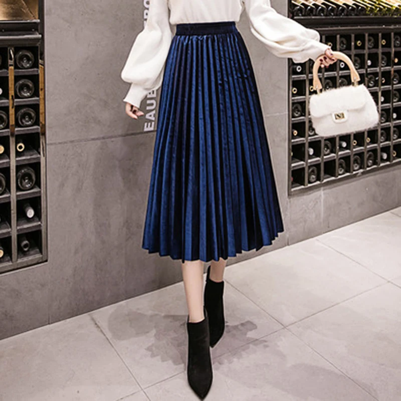 

Autumn Winter Velvet Skirt High Waisted Skinny Large Swing Long Pleated Skirts Metallic Plus Size 3XL Midi Saia