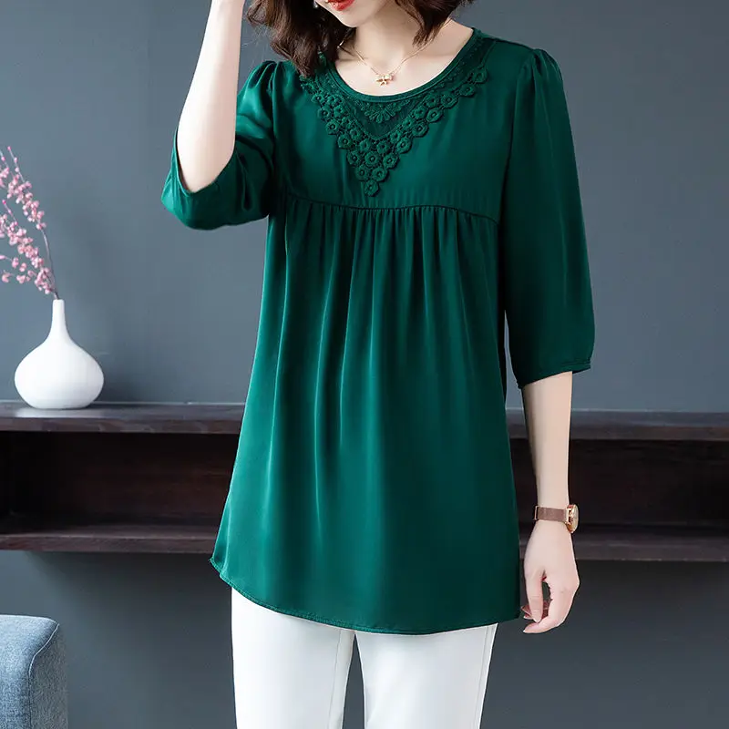 

2021 Spring obesity Mid-length Chiffon Blouse Plus Size 6XL Women Short sleeve Beautiful Self-cultivati Shirt blouse Show thin