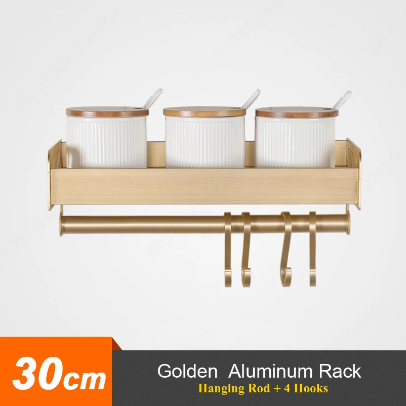 G-30cm Rack-Rod Многофункциональный кухонный держатель настенная кухонная стойка для Хранения Алюминиевая приправа банка Кастер Полка золотой черный кухонные аксессуары - Цвет: G-30cm Rack-Rod
