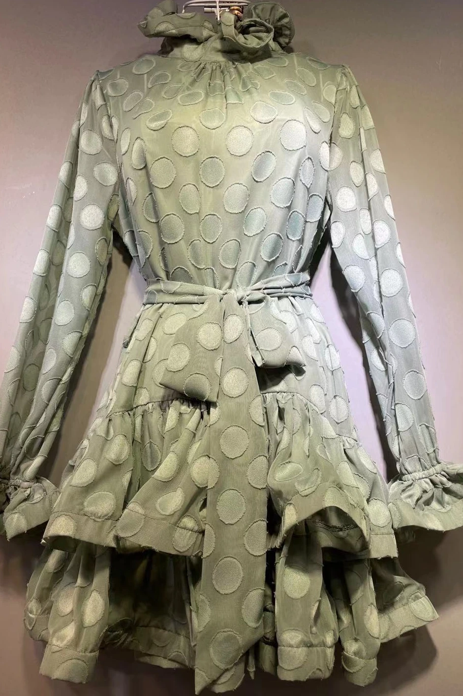 

2021 New Slim Wooden Ear Stand Belt Dot Print Petal Sleeve A-Line Woman Dress