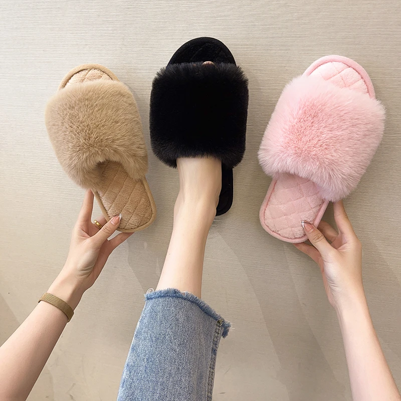 

New Winter Open Toe Fluffy House Slippers Faux Fur Indoor Plush Floor Slides Flat Soft Solid Flat-Bottomed Home Women Shoes