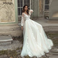 verngo boho a line wedding dress sheer puff long sleeves v neck 3d flowers garden bridal gowns elegant 2021 robe de mariee