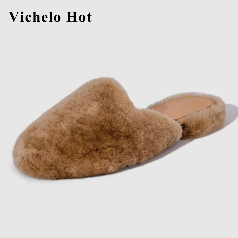 

Vichelo Hot new arrival outside slipper wool round toe low heel slip on comfortable young lady streetwear casual shoes women L82