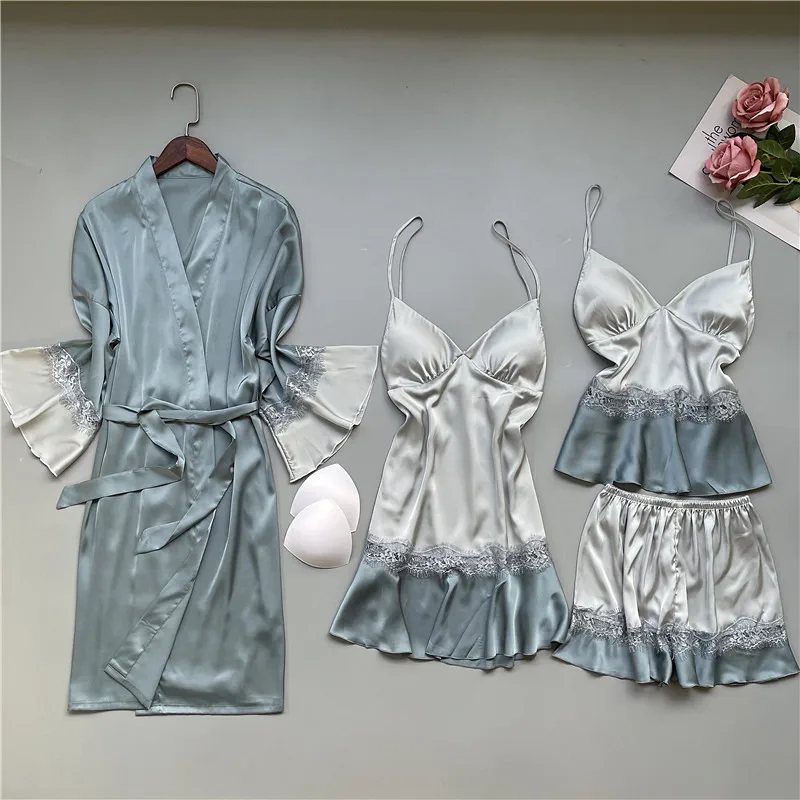 

Satin Sleepwear Female With Chest Pads Sexy Women Pajamas Lace Slik Sleep Lounge 4/2/1 Pieces Sets Elegant Ladies Clothing