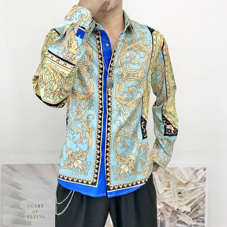 Мужская винтажная дизайнерская рубашка в стиле барокко синяя золотая фиолетовая
