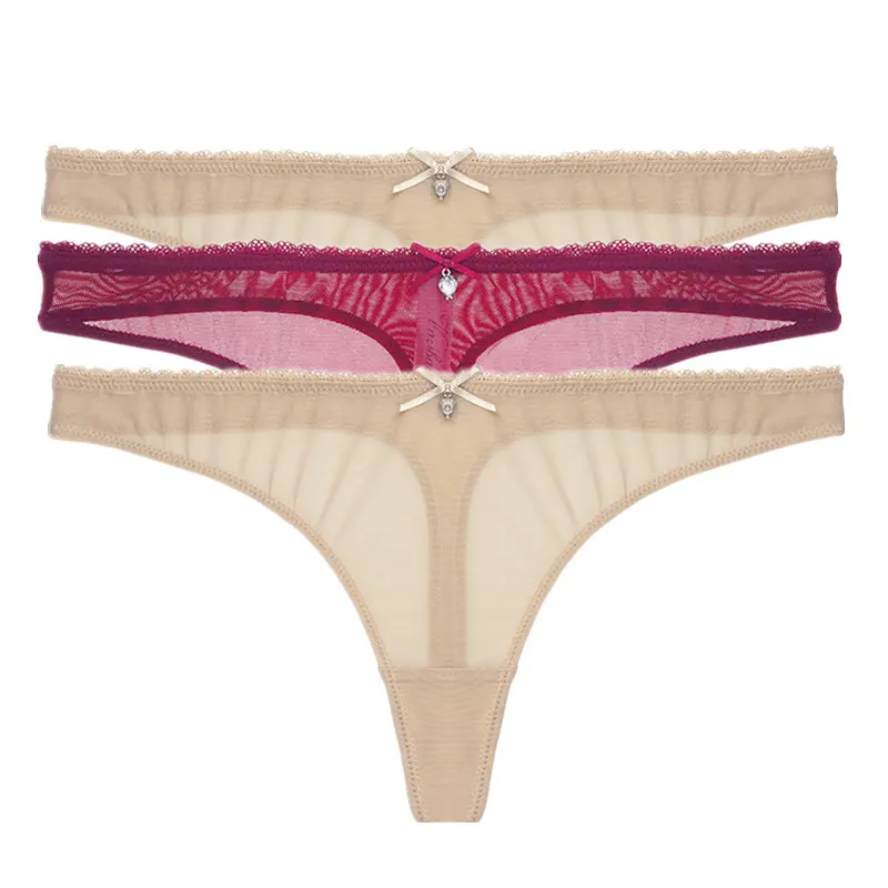 2 beige1winered Varsbaby стринги Прозрачное нижнее белье из пряжи с бантом тонкие хлопковые трусы с низкой посадкой трусики-стринги 3 шт./лот для женщин - Цвет: 2 beige1winered