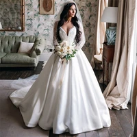 new long formal elegant wedding dress full sleeve satin lace women bride gowns vestidos noiva robe de mariage