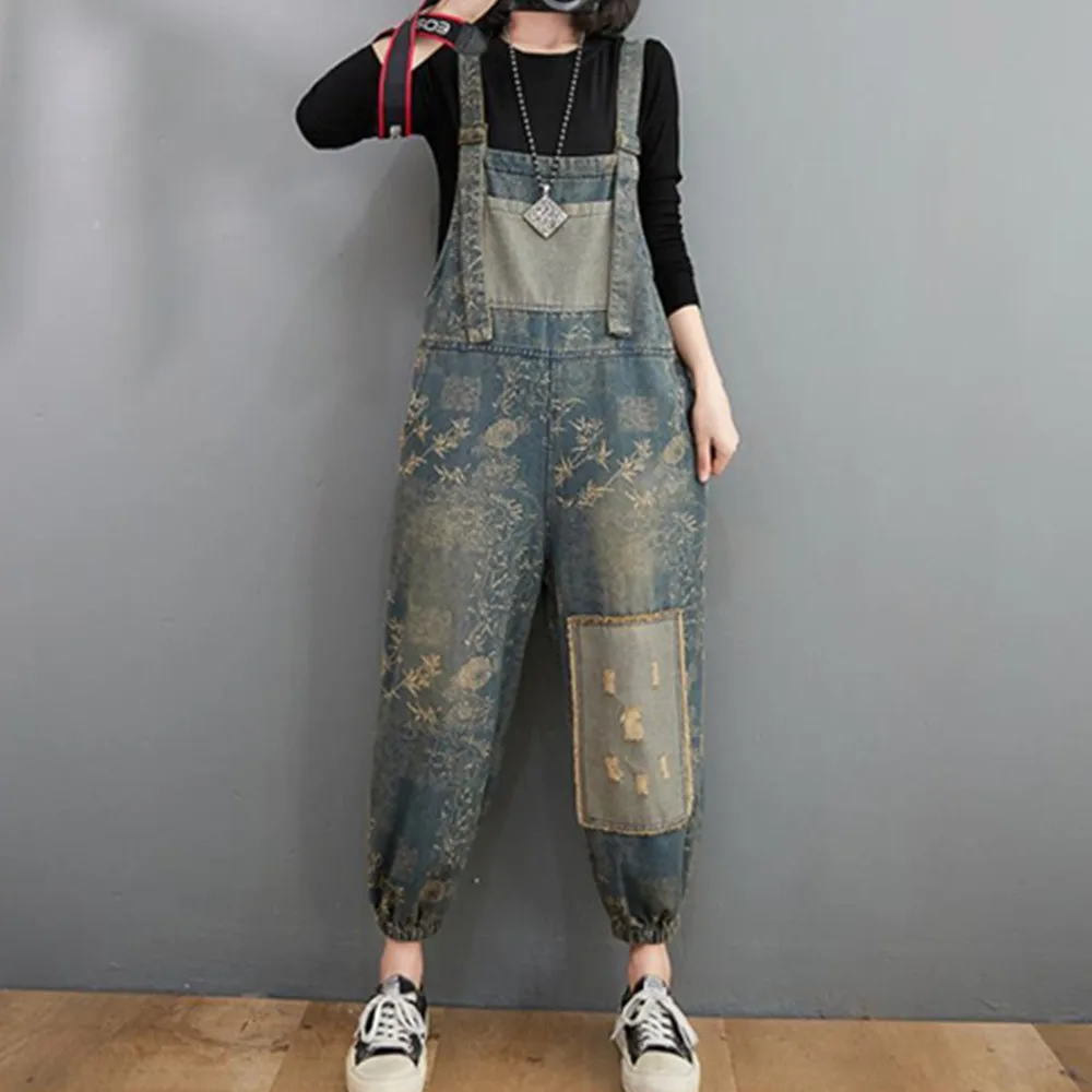 Джинсовый комбинезон с широкими штанинами джинсовый в стиле ретро на бретелях