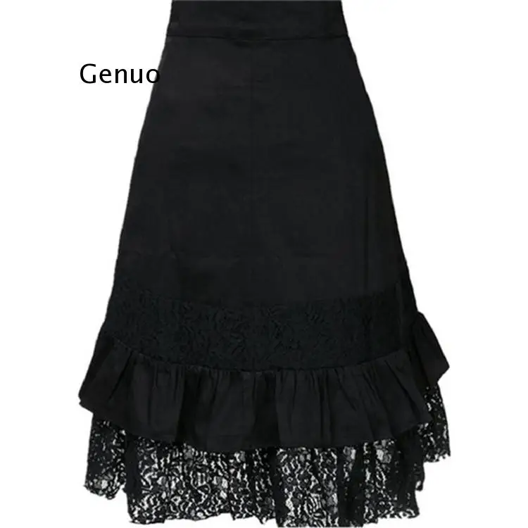 

Gothic Style Black Lace Patchwork Midi Skirt Metal Button Skirts Women Fashion Punk Tutu Lolita Chic Cool Black Skirts