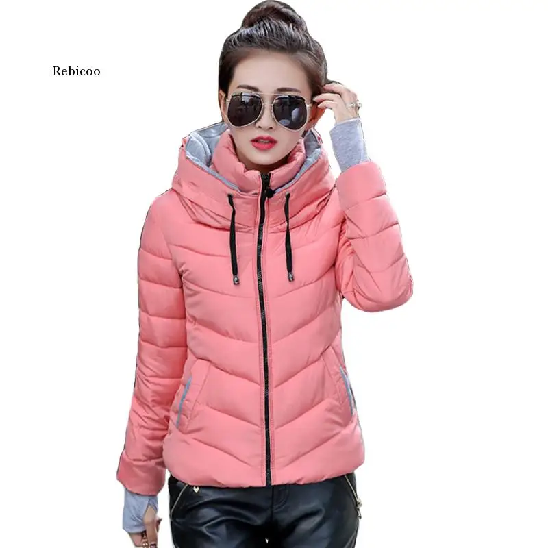 

2020 Hooded Women Winter Jacket Short Cotton Padded Womens Coat Autumn Casaco Feminino Inverno Solid Color Parka Stand Collar