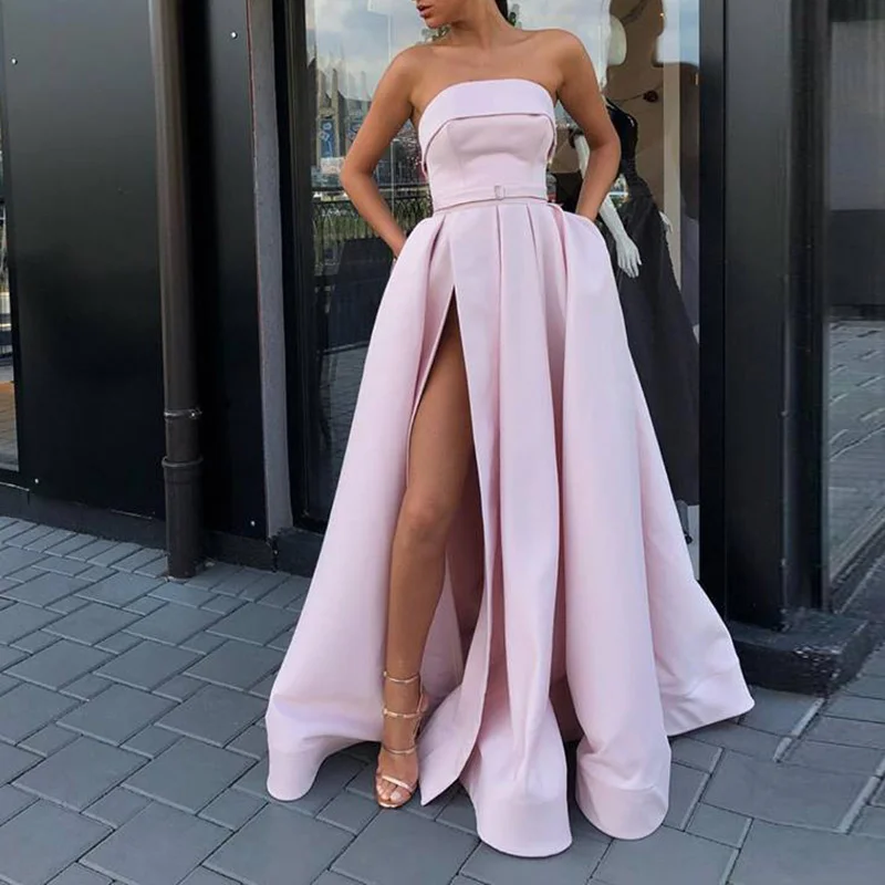 

TULX New Evening Prom Party Dresses Vestido De Festa Gown Robe De Soiree Pink Satin Sexy Strapless Long Gown Formal Dress