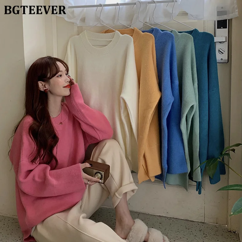 BGTEEVER Loose O-neck Women Sweaters Side-split Knitted Pullovers Female Winter Soft Knitting Jumpers Tops 2019 pull femme |