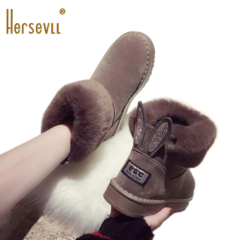HersevLL/Новинка года; женские зимние ботинки из натуральной кожи с натуральным лисьим мехом; брендовая зимняя обувь; теплая черная повседневная женская обувь с круглым носком размера плюс